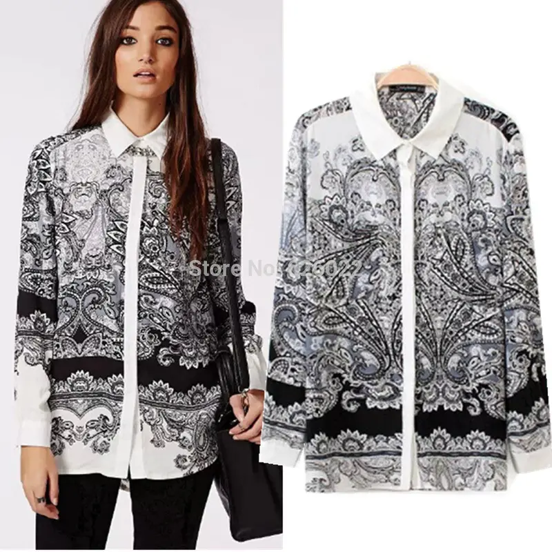 Women's Trendy Paisley Palace Floral Print Contrast Color Lapel Long Sleeve Shirts Blouses Tops 2
