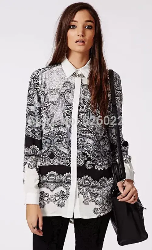 Women's Trendy Paisley Palace Floral Print Contrast Color Lapel Long Sleeve Shirts Blouses Tops 3