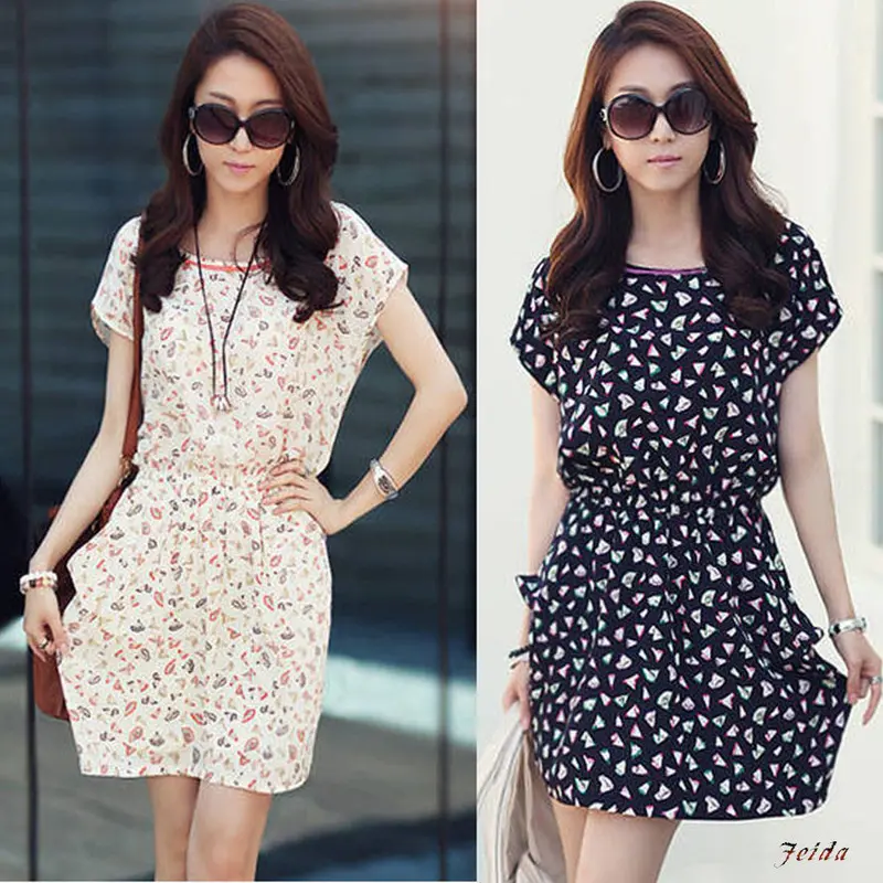 Womens Tunic Floral Print Short Sleeve Chiffon Mini Dress Bu/Xl & 1