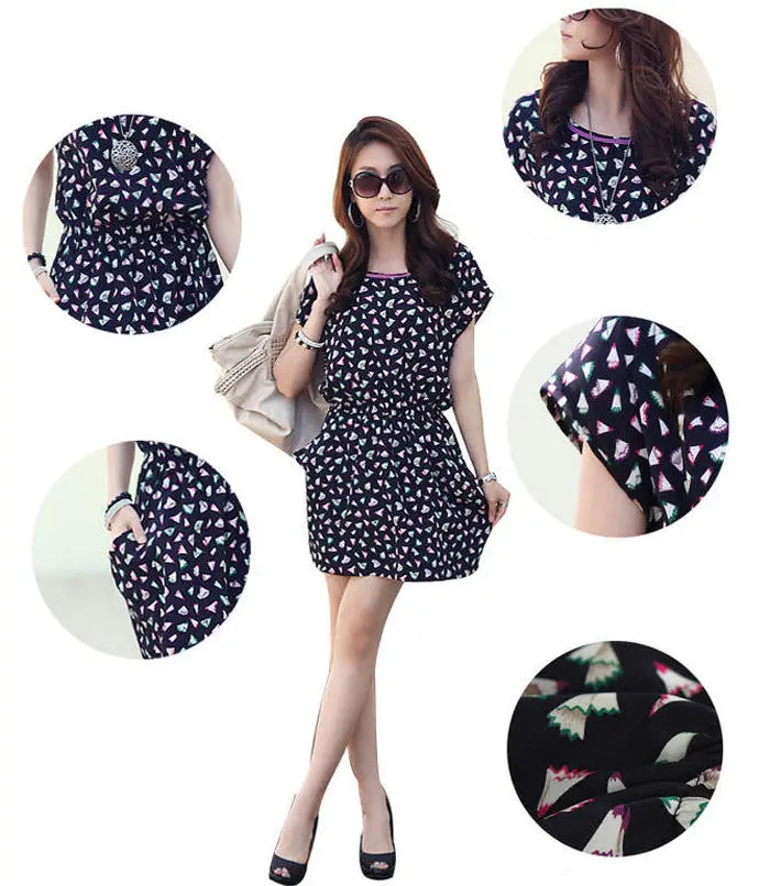 Womens Tunic Floral Print Short Sleeve Chiffon Mini Dress Bu/Xl & 4