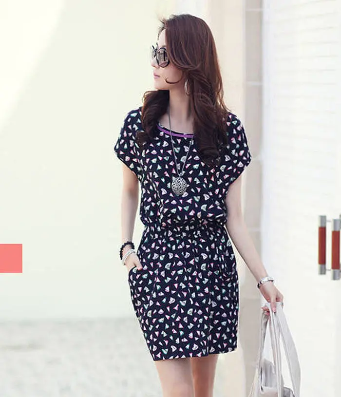Womens Tunic Floral Print Short Sleeve Chiffon Mini Dress Bu/Xl & 5