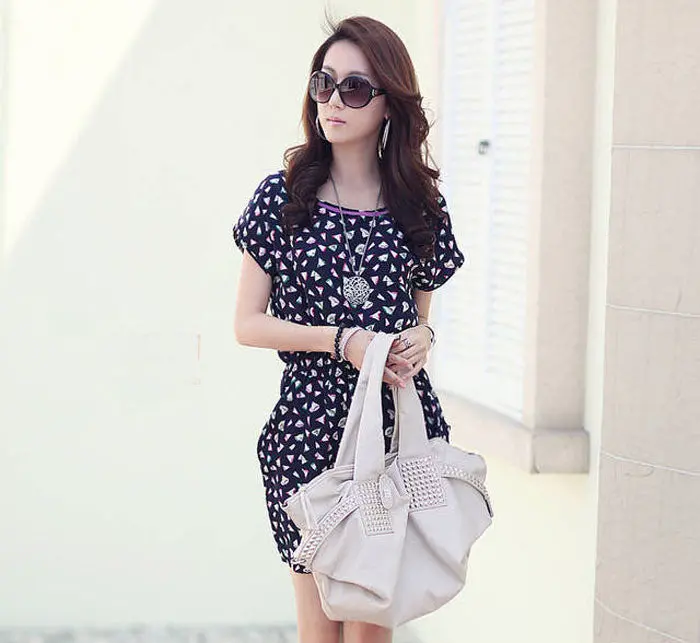 Womens Tunic Floral Print Short Sleeve Chiffon Mini Dress Bu/Xl & 6