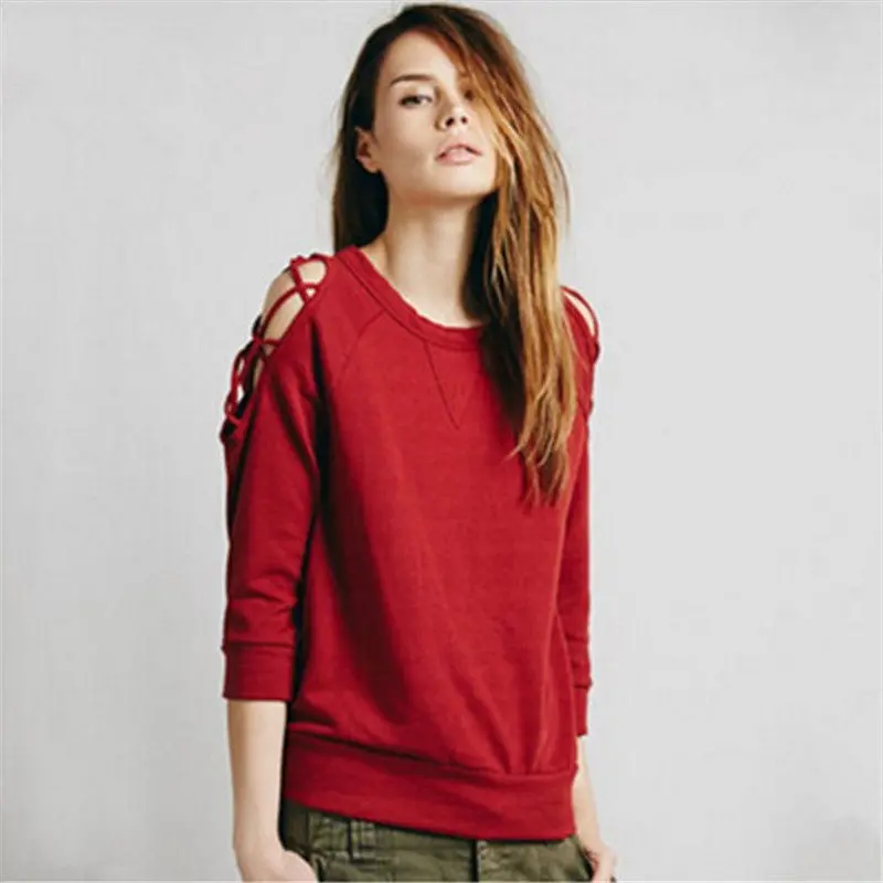 Womens Tunic Top Hollow Off Shoulder Tee Shirt Femme Casual Womens Long Sleeve Tops Red Plus Size T-Shirt Women 1