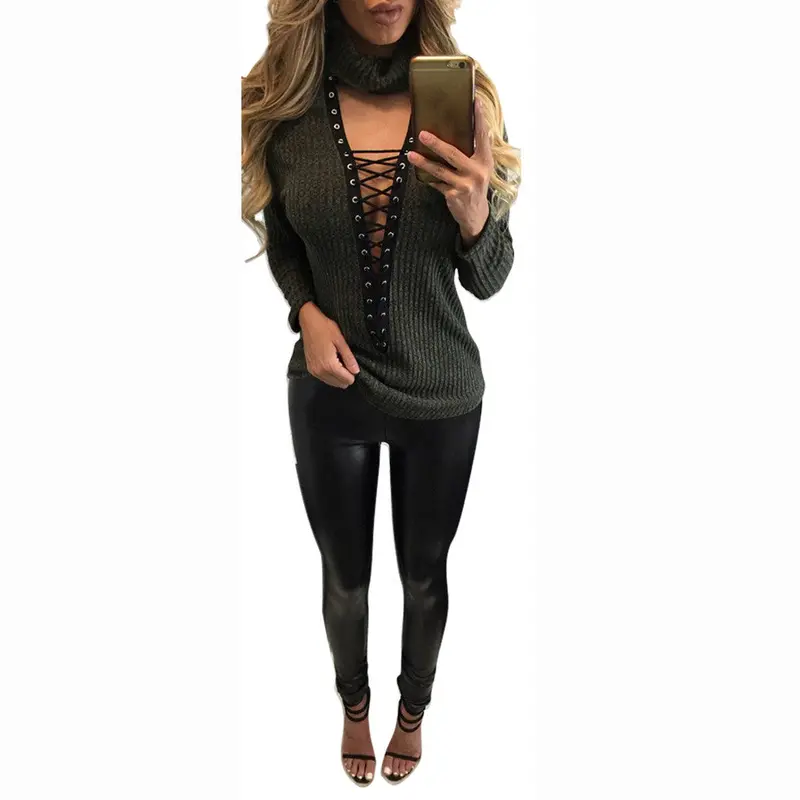 Women's Turtle Neck Front Lace Up Long Sleeved Blouse Plus Size Solid Casual Bandage Shirts Tops 6 Colors Lx115 8