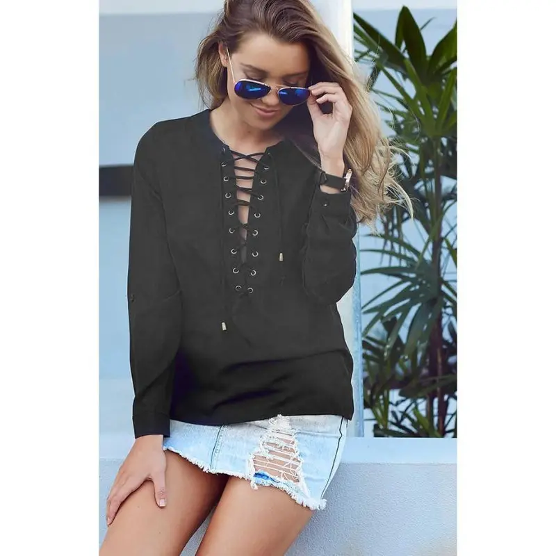 Womens V-Neck Chiffon Shirts Long Sleeve Loose Lace Up Blouse Tops 1