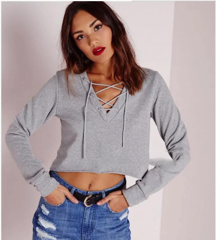 Women's V Neck Show Hilum Bandage Shirt Plus Size Sexy Crop Tops In Grey Colors Lx089 1