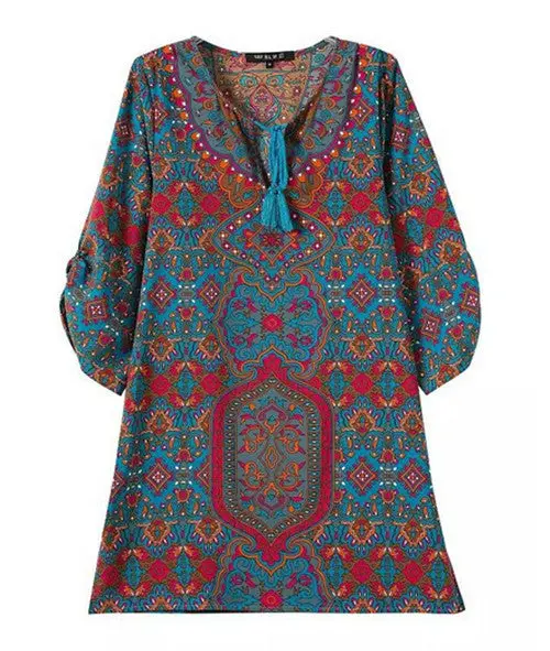 Women's Vintage Boho Baroque Totem Paisley Print Streamer V Neck 3/4 Sleeve Casual Straight Dress Short Dresses Tops 1