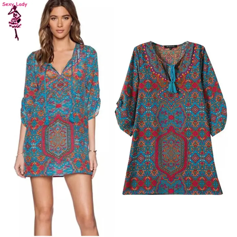 Women's Vintage Boho Baroque Totem Paisley Print Streamer V Neck 3/4 Sleeve Casual Straight Dress Short Dresses Tops 2