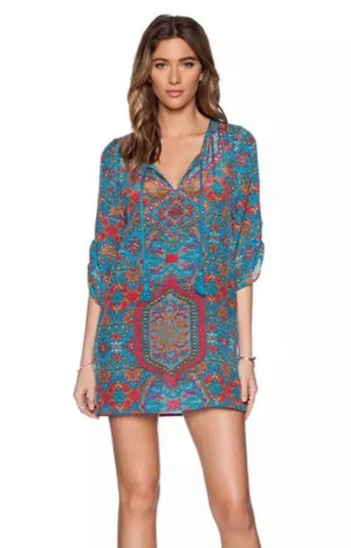 Women's Vintage Boho Baroque Totem Paisley Print Streamer V Neck 3/4 Sleeve Casual Straight Dress Short Dresses Tops 3