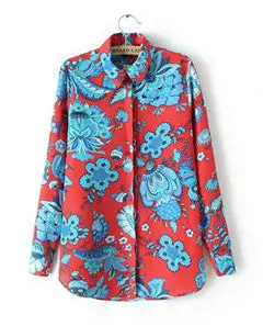 Women's Vintage Chiffon Chinese Red Flower Print Lapel Long Sleeve Shirt Blouse Tops 1