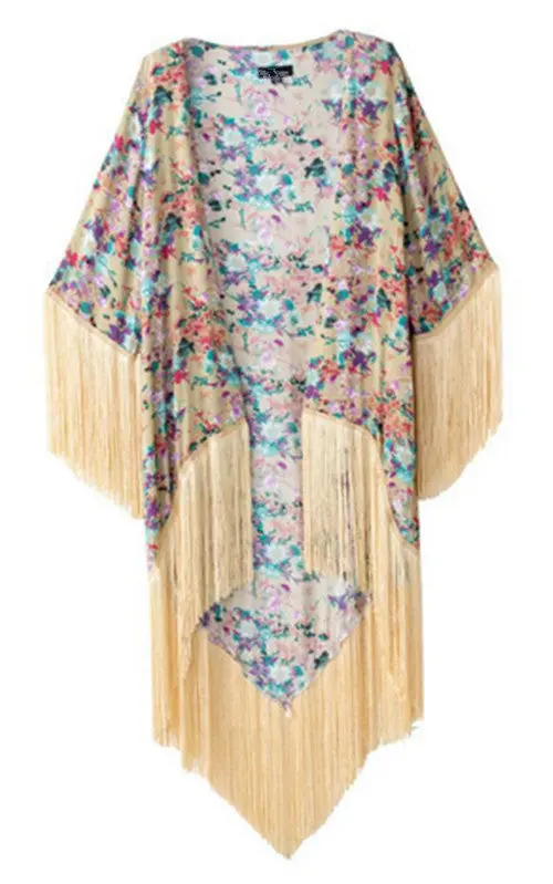 Women's Vintage Ethnic Cotton Floral Print Loose Kimono Cardigan Tassels Shirts No Button Maxi Blouses Tops 1