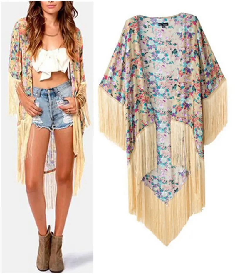 Women's Vintage Ethnic Cotton Floral Print Loose Kimono Cardigan Tassels Shirts No Button Maxi Blouses Tops 2
