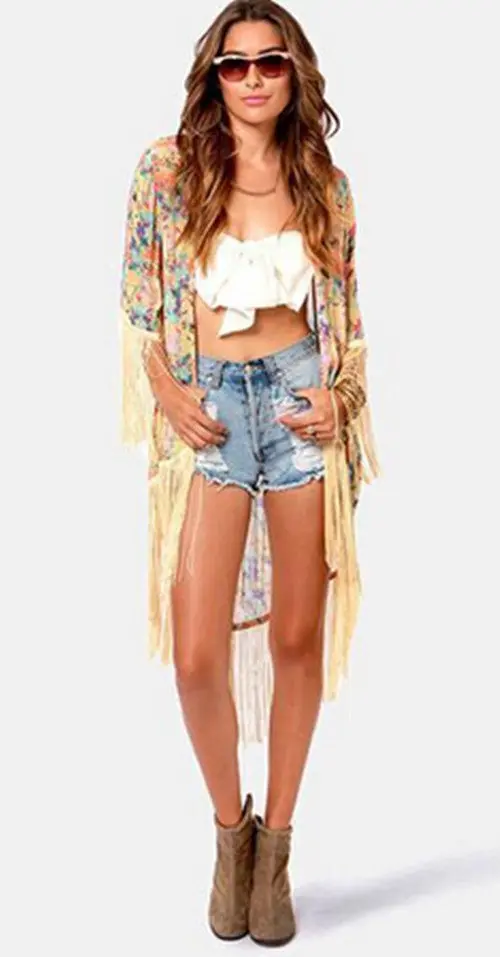 Women's Vintage Ethnic Cotton Floral Print Loose Kimono Cardigan Tassels Shirts No Button Maxi Blouses Tops 3