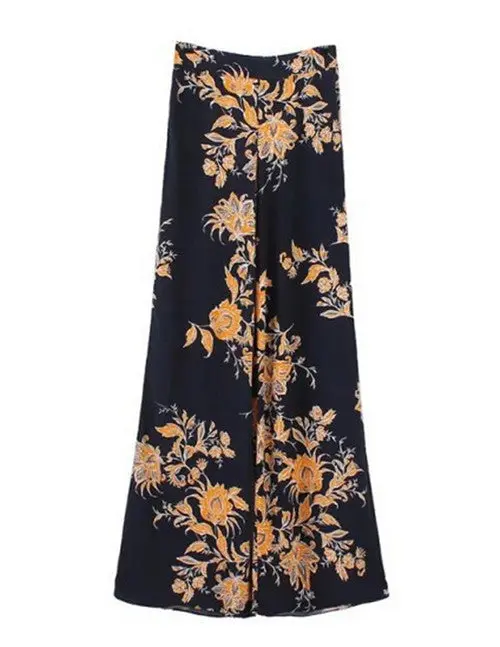 Women's Vintage Flower Print Full Length Wide Leg Pants Ethnic Orange Contrast Black Loose Long Flare Pants Trousers 1