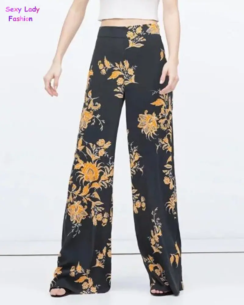 Women's Vintage Flower Print Full Length Wide Leg Pants Ethnic Orange Contrast Black Loose Long Flare Pants Trousers 2