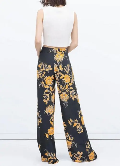 Women's Vintage Flower Print Full Length Wide Leg Pants Ethnic Orange Contrast Black Loose Long Flare Pants Trousers 3