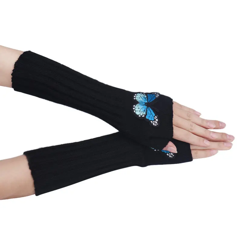 Women's Warm Embroidery Butterfly Knitting Half Fingerless Gloves 1