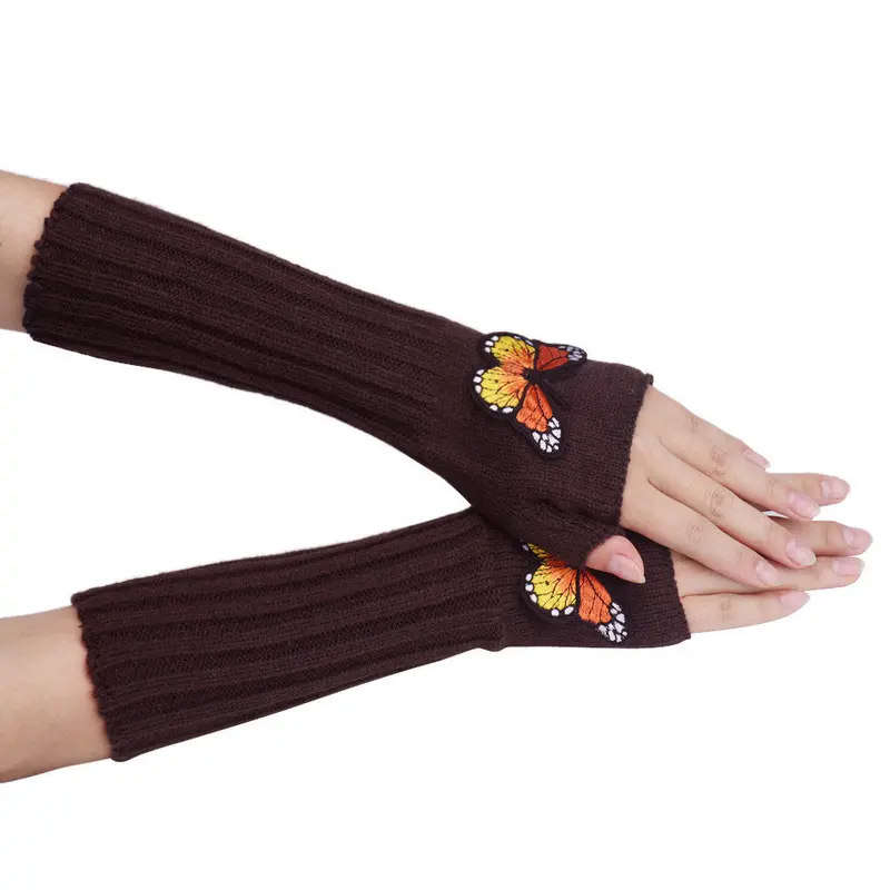 Women's Warm Embroidery Butterfly Knitting Half Fingerless Gloves 2