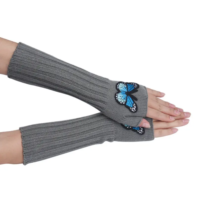 Women's Warm Embroidery Butterfly Knitting Half Fingerless Gloves 3