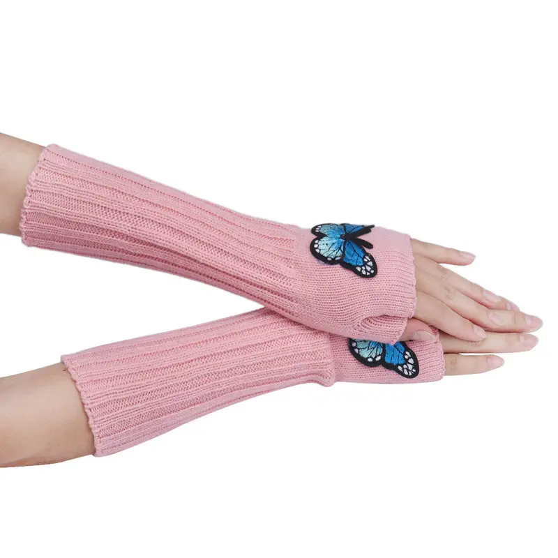 Women's Warm Embroidery Butterfly Knitting Half Fingerless Gloves 5