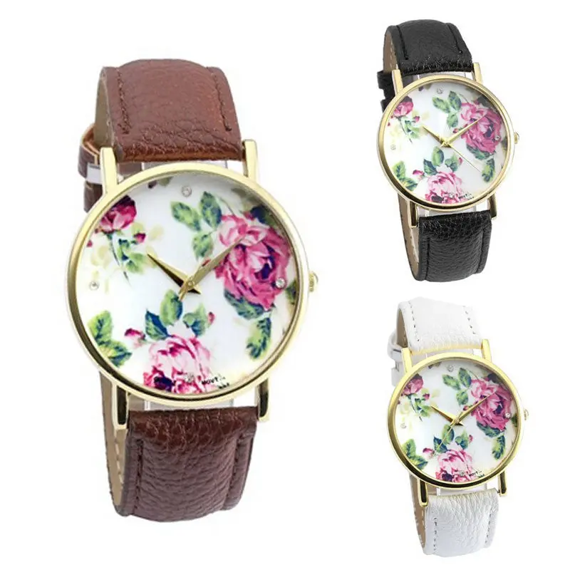 Women's Watch Geneva Rose Flower Wristwatch Leather Band Quartz Vintage Lady Dress Watch 1
