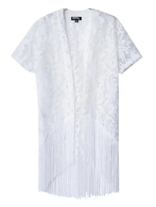 Women's White Lace Crochet Embroidered Loose Kimono Cardigan Tassels Short Sleeve Shirts No Button Blouses Tops 1