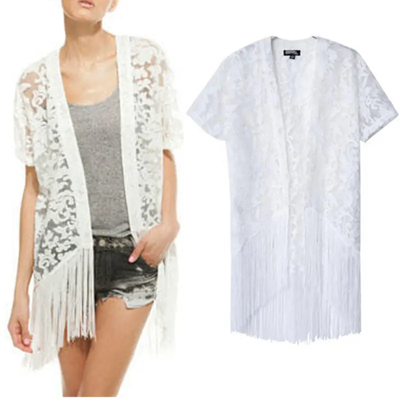 Women's White Lace Crochet Embroidered Loose Kimono Cardigan Tassels Short Sleeve Shirts No Button Blouses Tops 2