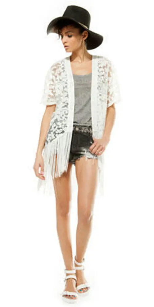 Women's White Lace Crochet Embroidered Loose Kimono Cardigan Tassels Short Sleeve Shirts No Button Blouses Tops 3