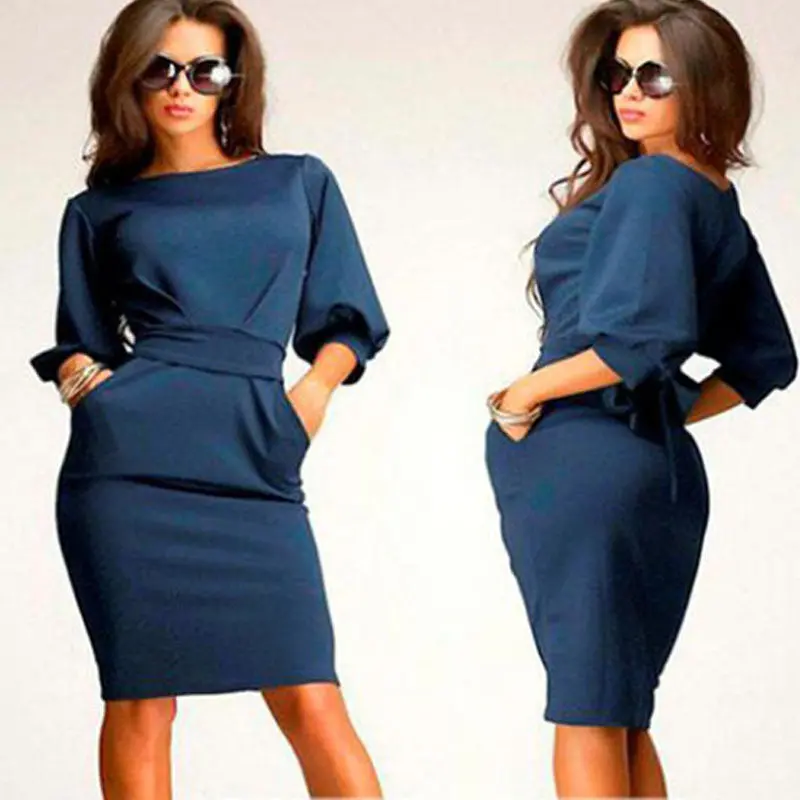 Womens Working Half Sleeve O-Neck Sheath Casual Office Slim Plus Size Dresses Feida 1