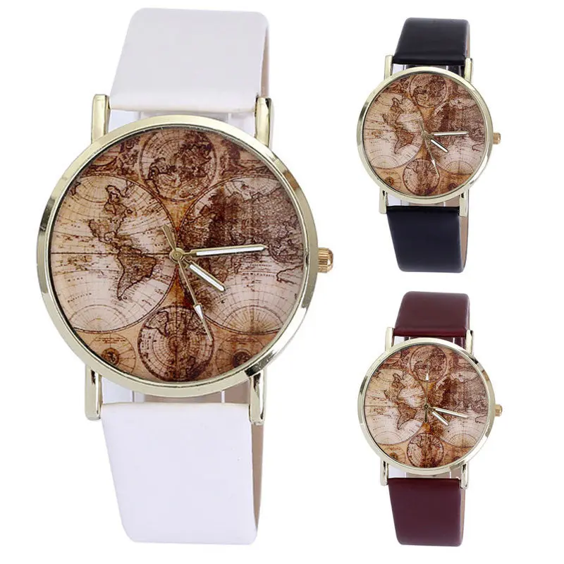 & Women's World Map Watches Leather Watche Quartz Wrist Watch Girls Lady Dress Watch & 1