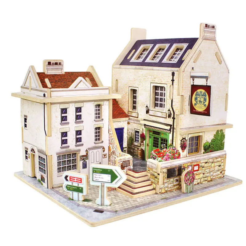 Wooden Toys Chalets British Pubs Building 3D Puzzle Toys Children's Educational Jigsaw Wooden House 1