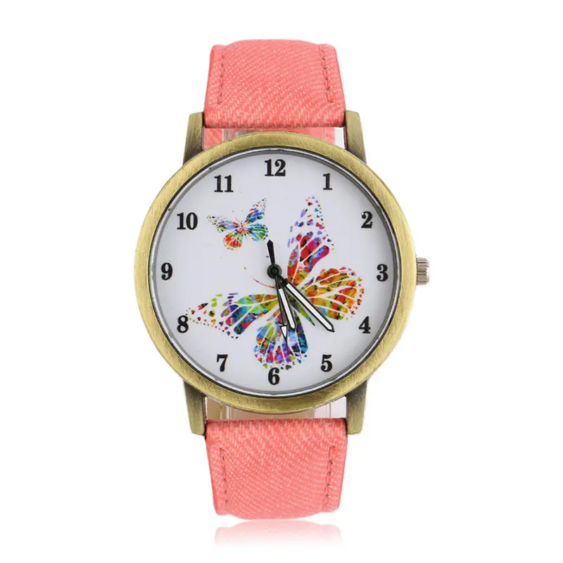 Wrist Watchgolden Round Shell Butterfly Quartz Watch Denim Watchband Casual Relogio Feminino 2