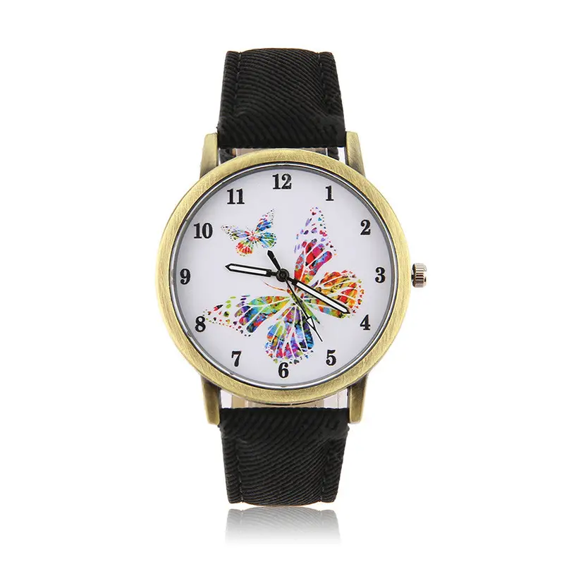 Wrist Watchgolden Round Shell Butterfly Quartz Watch Denim Watchband Casual Relogio Feminino 3