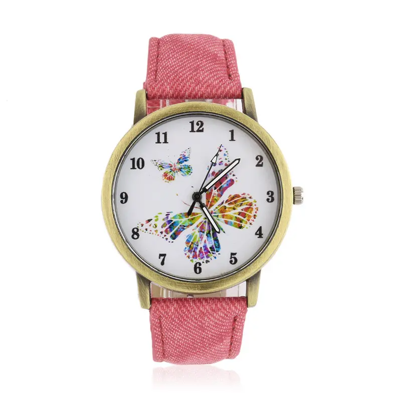 Wrist Watchgolden Round Shell Butterfly Quartz Watch Denim Watchband Casual Relogio Feminino 4