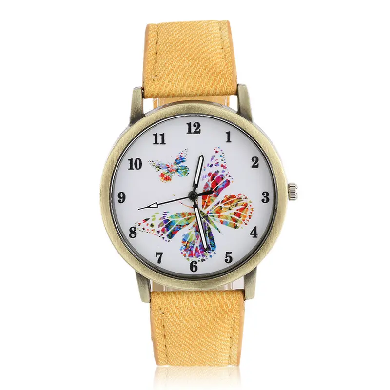 Wrist Watchgolden Round Shell Butterfly Quartz Watch Denim Watchband Casual Relogio Feminino 7