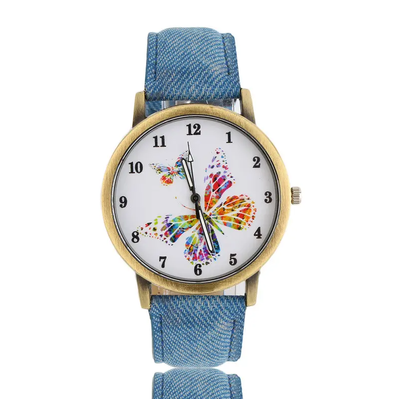 Wrist Watchgolden Round Shell Butterfly Quartz Watch Denim Watchband Casual Relogio Feminino 8