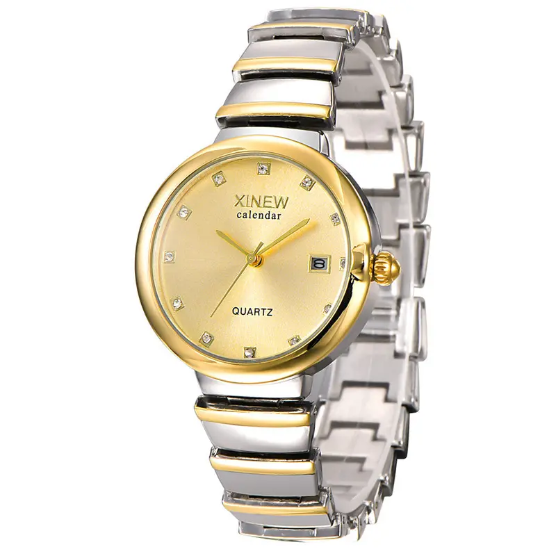 Xi Quartz Watch Rhinestone Dress Clock Luxury Crystal Analog Golden Silver Stainless Steel Strap Women Date Watch 1