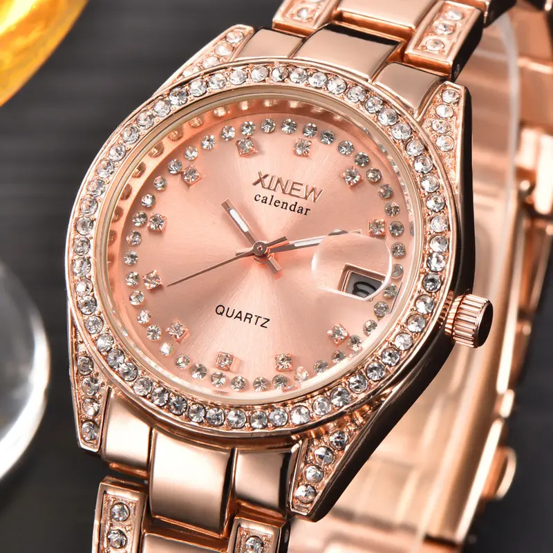 Xi Quartz Watch Rhinestone Golden Silver Reloj Clock Ladies Crystal Women Girl Stainless Steel Strap Date Wristwatch Gift 2