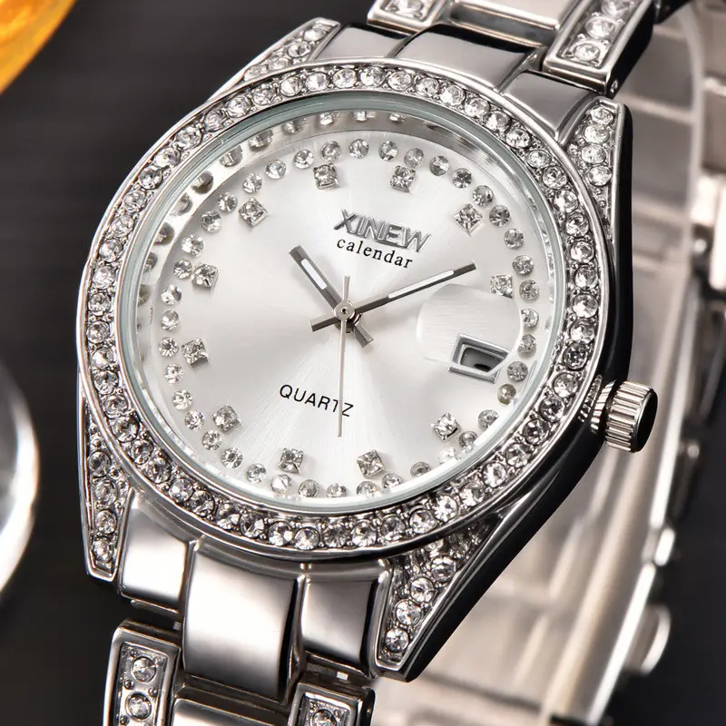 Xi Quartz Watch Rhinestone Golden Silver Reloj Clock Ladies Crystal Women Girl Stainless Steel Strap Date Wristwatch Gift 3