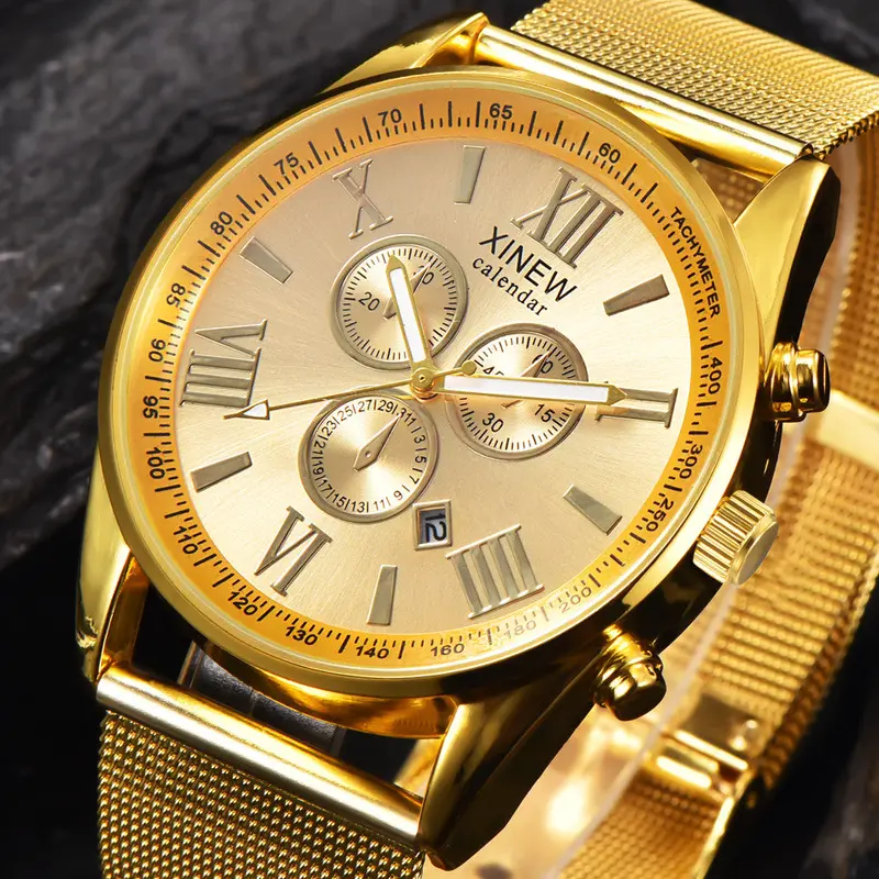 Xi Watch Men's Multifunction Day Date Analog Quartz Stainless Steel Mesh Wrist Watch Reloj Hombre Fast Shipping Feida 1