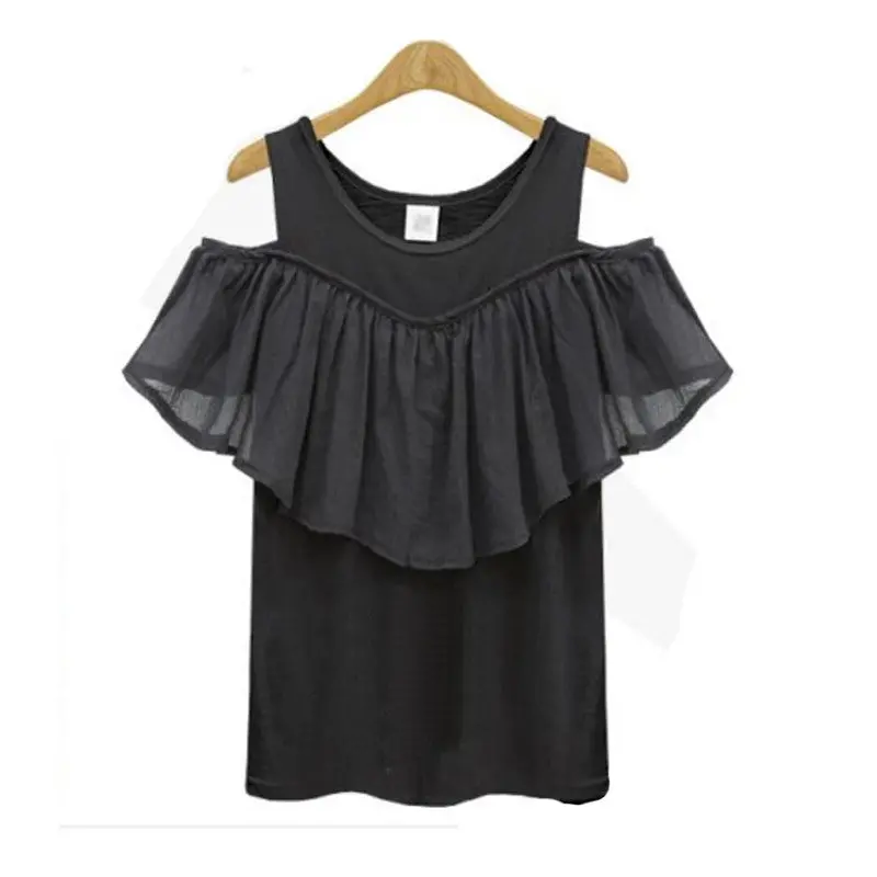 Xl-5Xl Big Sized Cold Shoulder Tops Casual Ruffle Off Shoulder T Shirt Black White Tee Shirt Femme Plus Size Top Tees 1