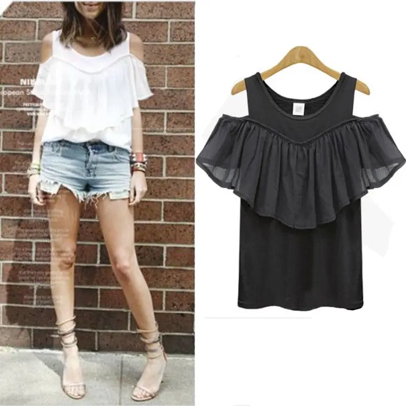 Xl-5Xl Big Sized Cold Shoulder Tops Casual Ruffle Off Shoulder T Shirt Black White Tee Shirt Femme Plus Size Top Tees 3