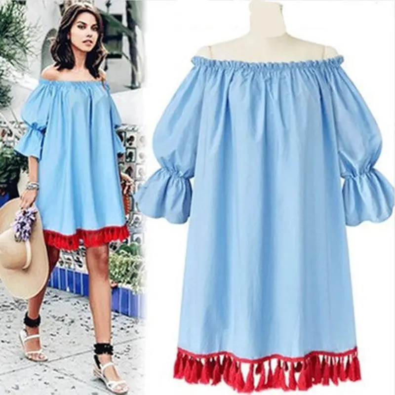 Xl-5Xl Big Sized Loose Women Dress Off Shoulder Dress Lantern Sleeve Tassel Dress Plus Size Women Clothing 2