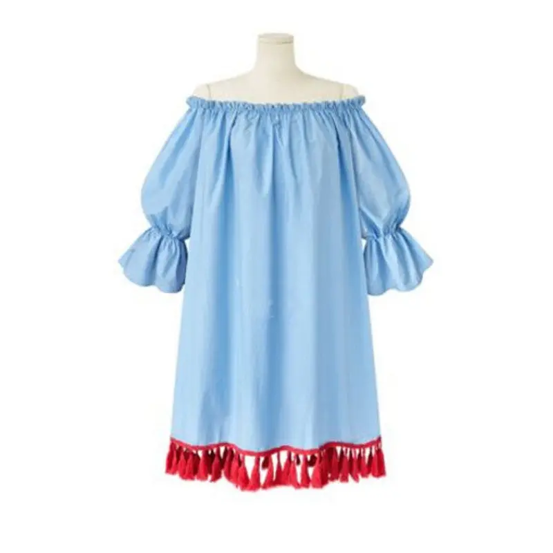 Xl-5Xl Big Sized Loose Women Dress Off Shoulder Dress Lantern Sleeve Tassel Dress Plus Size Women Clothing 3