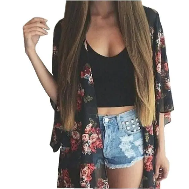 Xl Women Floral Printed Chiffon Kimono Cardigan Shawl Blouse Tops Cover Up Feminine Coat 1