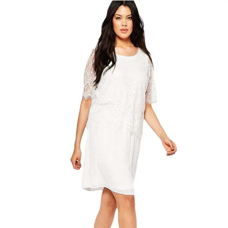 Xl-Xxxl Good Stretch Clothing Plus Size Chiffon White Lace Dress Half Sleeve Dress Big Size Dress 1