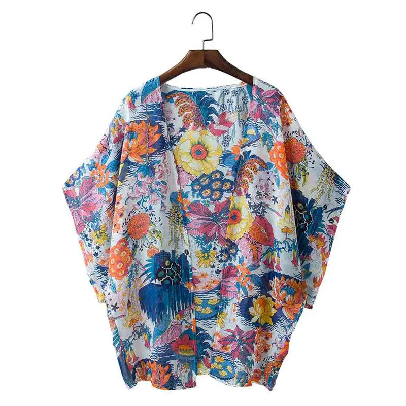 Xxxl Size Bat Sleeved Women Casual Floral Printed Kimono Loose Cardigan Chiffon Tops Cover Up Casaco Feminino Blouse 1