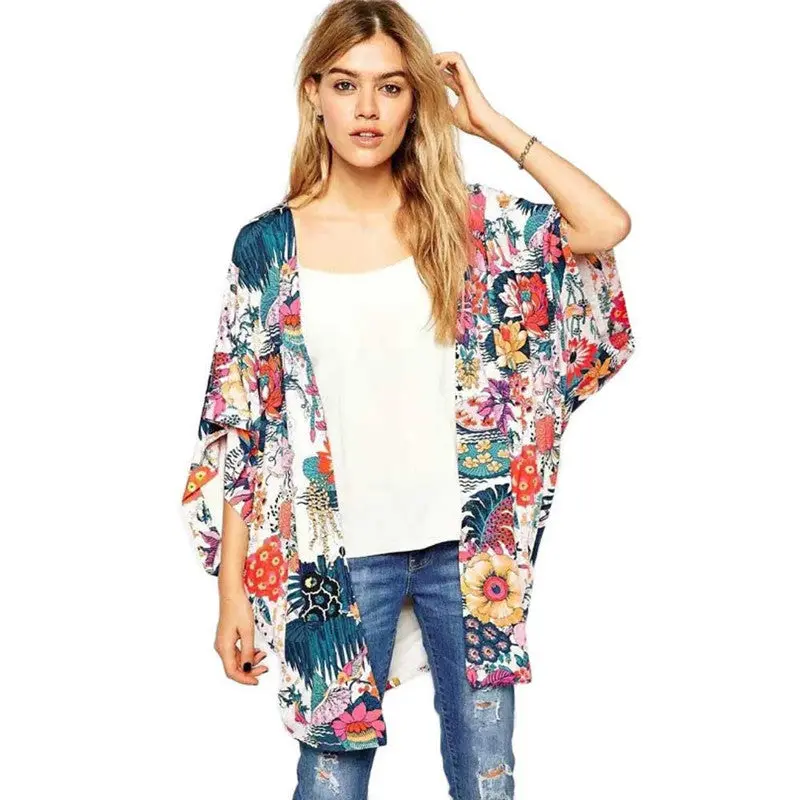 Xxxl Size Bat Sleeved Women Casual Floral Printed Kimono Loose Cardigan Chiffon Tops Cover Up Casaco Feminino Blouse 2