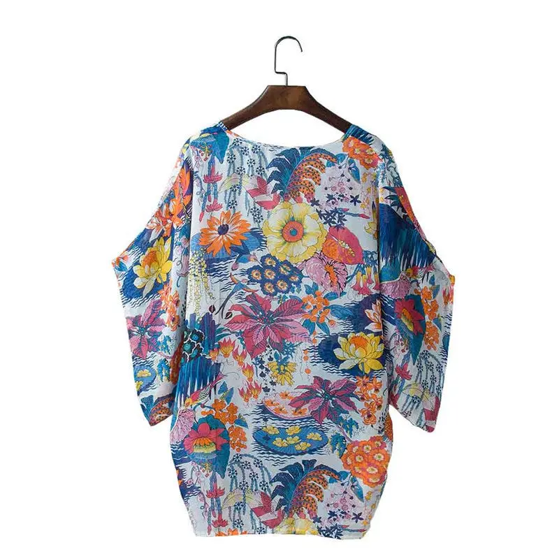 Xxxl Size Bat Sleeved Women Casual Floral Printed Kimono Loose Cardigan Chiffon Tops Cover Up Casaco Feminino Blouse 5