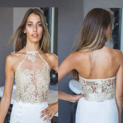 Y Women's Tops Elegant Lace White Gold Crop Top Beach Backless Halter Tops Sexy Women Tank Top 1